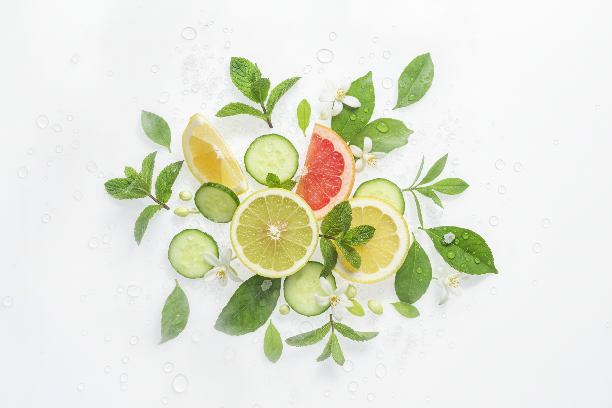 Agrums, concombre, menthe qui composent un parfum frais