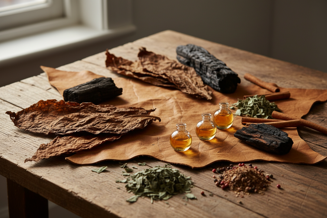 Ingrédients qui composent un parfum cuiré : cuir, bois fumé, tabac