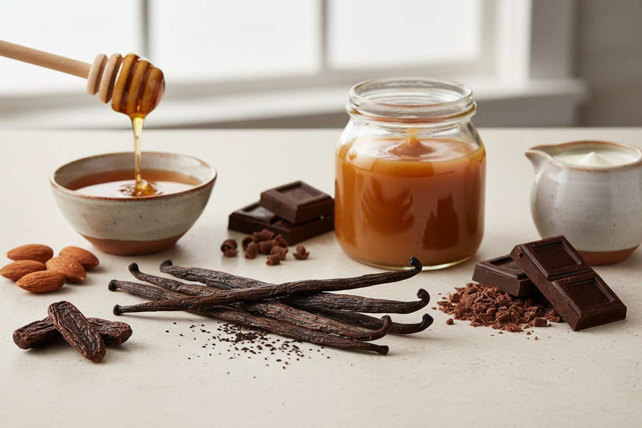 Ingrédients qui composent un parfum gourmand : caraml, chocolat, vanille