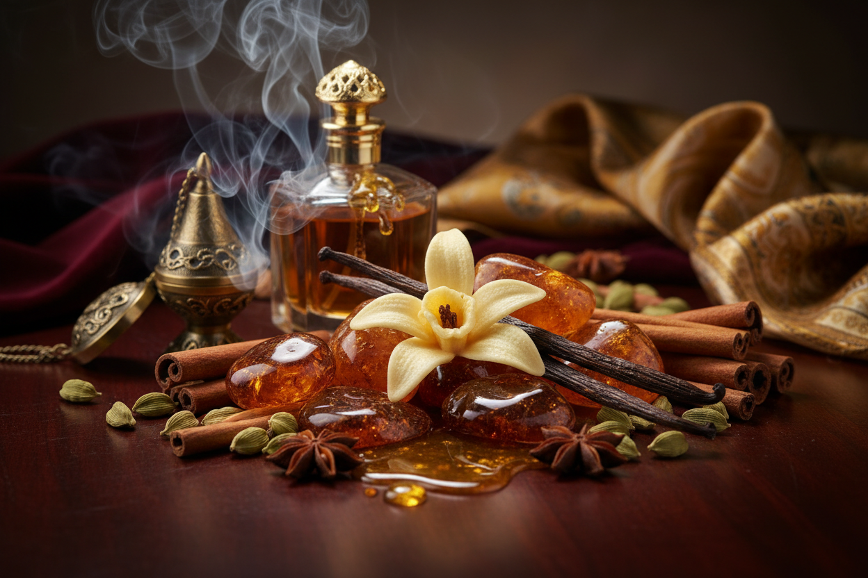 Un parfum oriental est une fragrance opulente et sensuelle, mêlant épices, résines, vanille et notes ambrées.