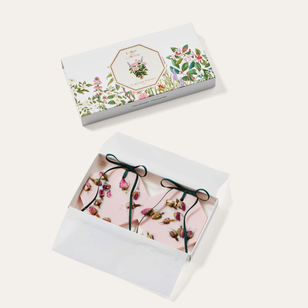 Carrière Frères Palets botaniques parfum La Rose aime la Menthe, cire 100% végétale