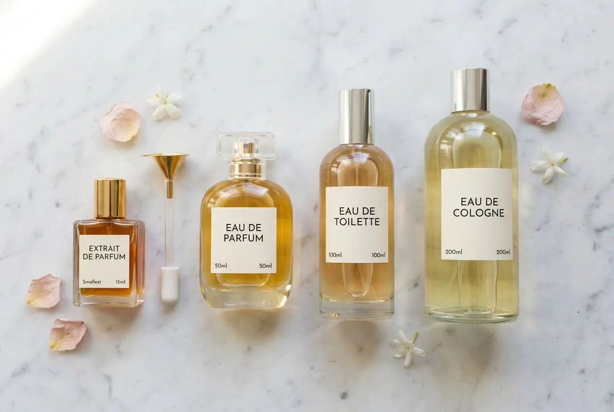 Les 4 niveaux de parfum : eau de cologne, eau de toilette, eau de parfum et extrait