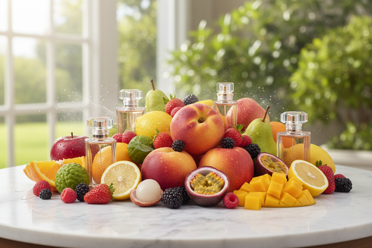 Panier de fruits représentant les ingrédients qui composent un parfum fruité