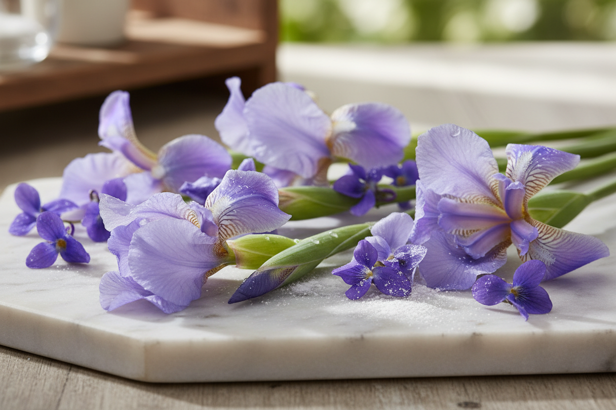 ingrédients d'un parfum poudré : iris, violette