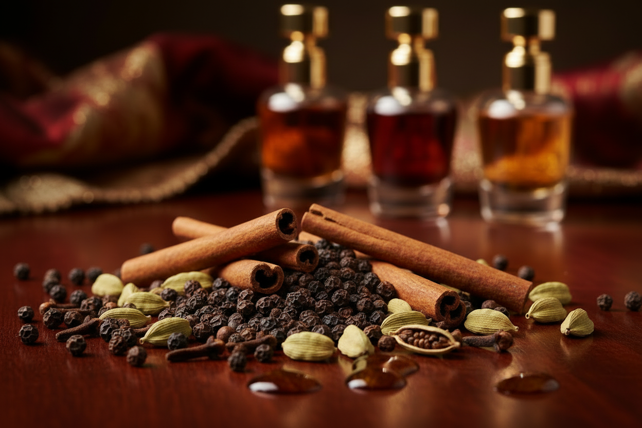 Un parfum épicé est une fragrance chaleureuse et vibrante, construite autour de notes de poivre, cannelle, clou de girofle ou cardamome